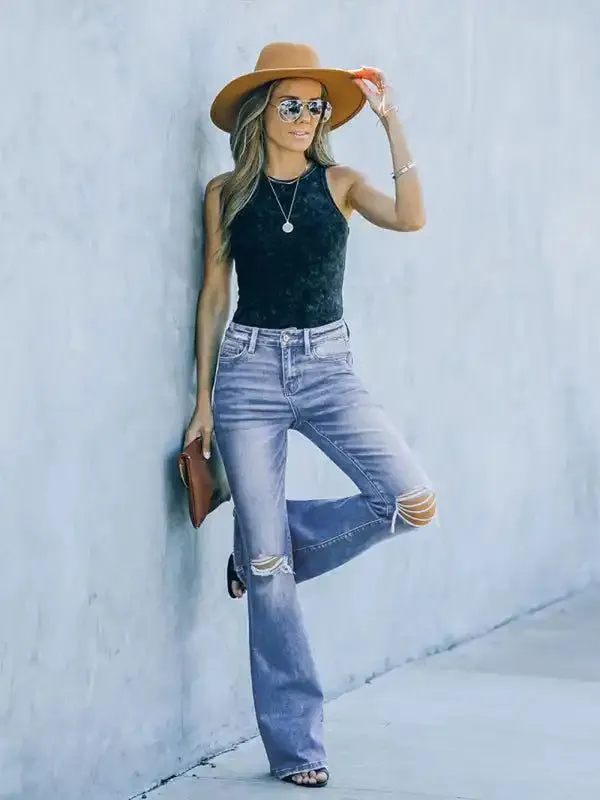 American style bootcut women’s jeans high waist slimming ripped jeans