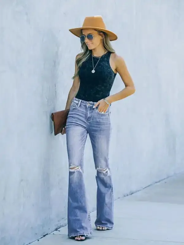 American style bootcut women’s jeans high waist slimming ripped jeans