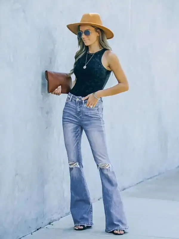 American style bootcut women’s jeans high waist slimming ripped jeans