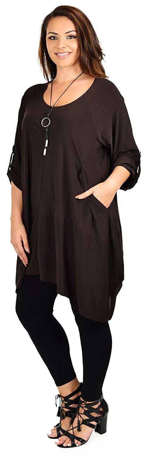 Asymmetrical Lagenlook Tunic, Fishtail Tunic , European inspired Tunic Top w/ Roll Up Sleeves Plus Size
