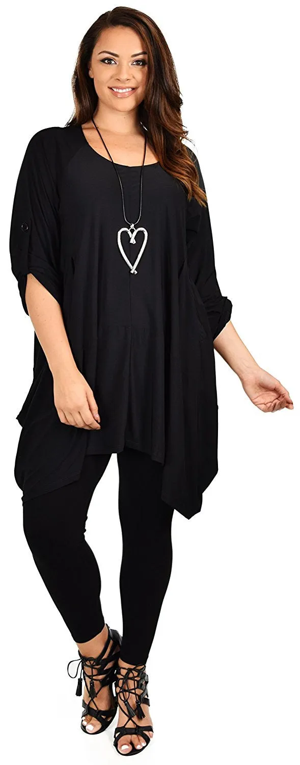 Asymmetrical Lagenlook Tunic, Fishtail Tunic , European inspired Tunic Top w/ Roll Up Sleeves Plus Size