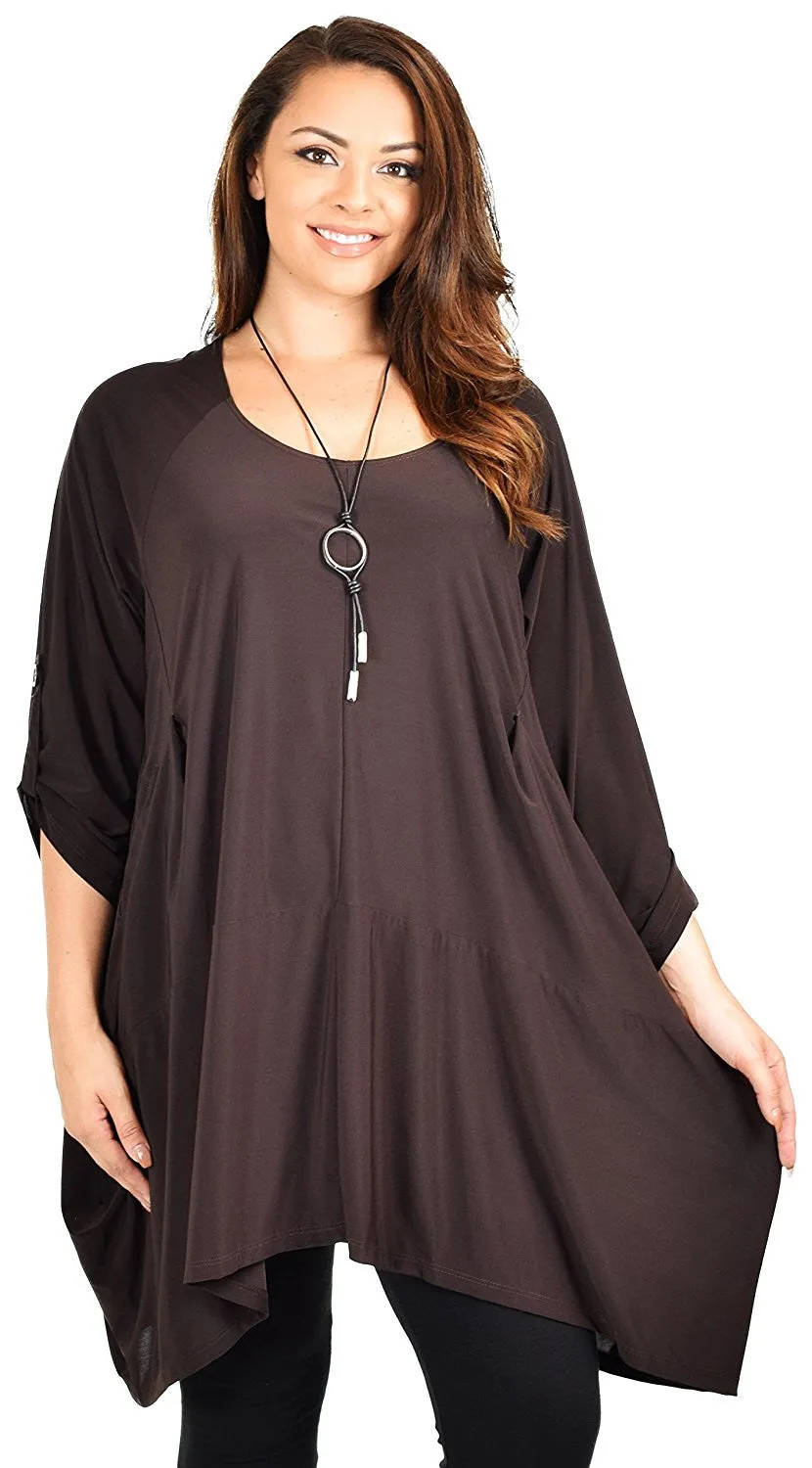 Asymmetrical Lagenlook Tunic, Fishtail Tunic , European inspired Tunic Top w/ Roll Up Sleeves Plus Size