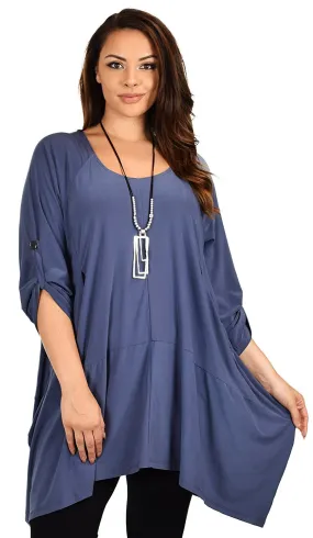 Asymmetrical Lagenlook Tunic, Fishtail Tunic , European inspired Tunic Top w/ Roll Up Sleeves Plus Size