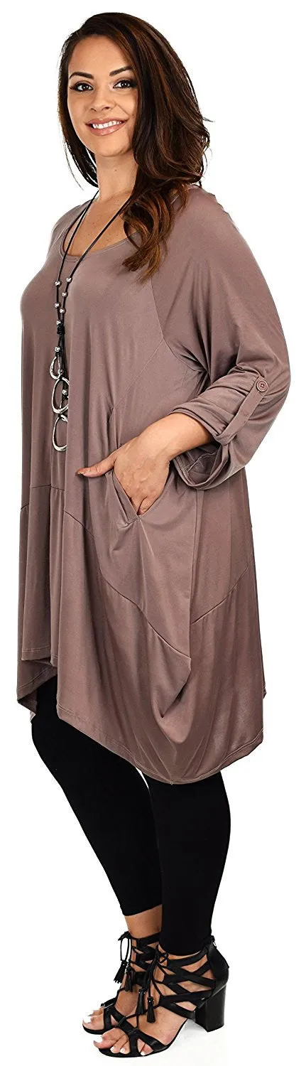 Asymmetrical Lagenlook Tunic, Fishtail Tunic , European inspired Tunic Top w/ Roll Up Sleeves Plus Size