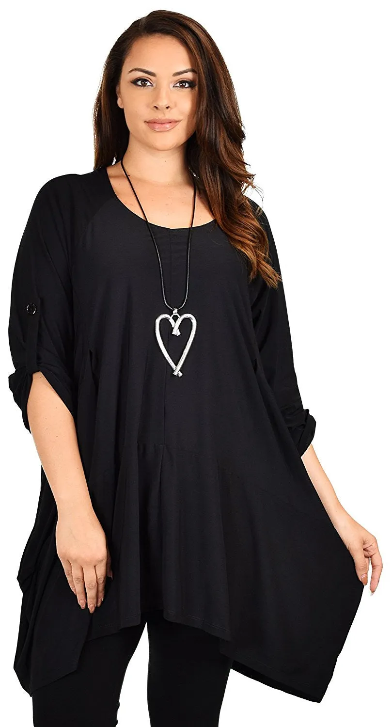 Asymmetrical Lagenlook Tunic, Fishtail Tunic , European inspired Tunic Top w/ Roll Up Sleeves Plus Size