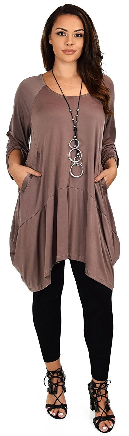 Asymmetrical Lagenlook Tunic, Fishtail Tunic , European inspired Tunic Top w/ Roll Up Sleeves Plus Size