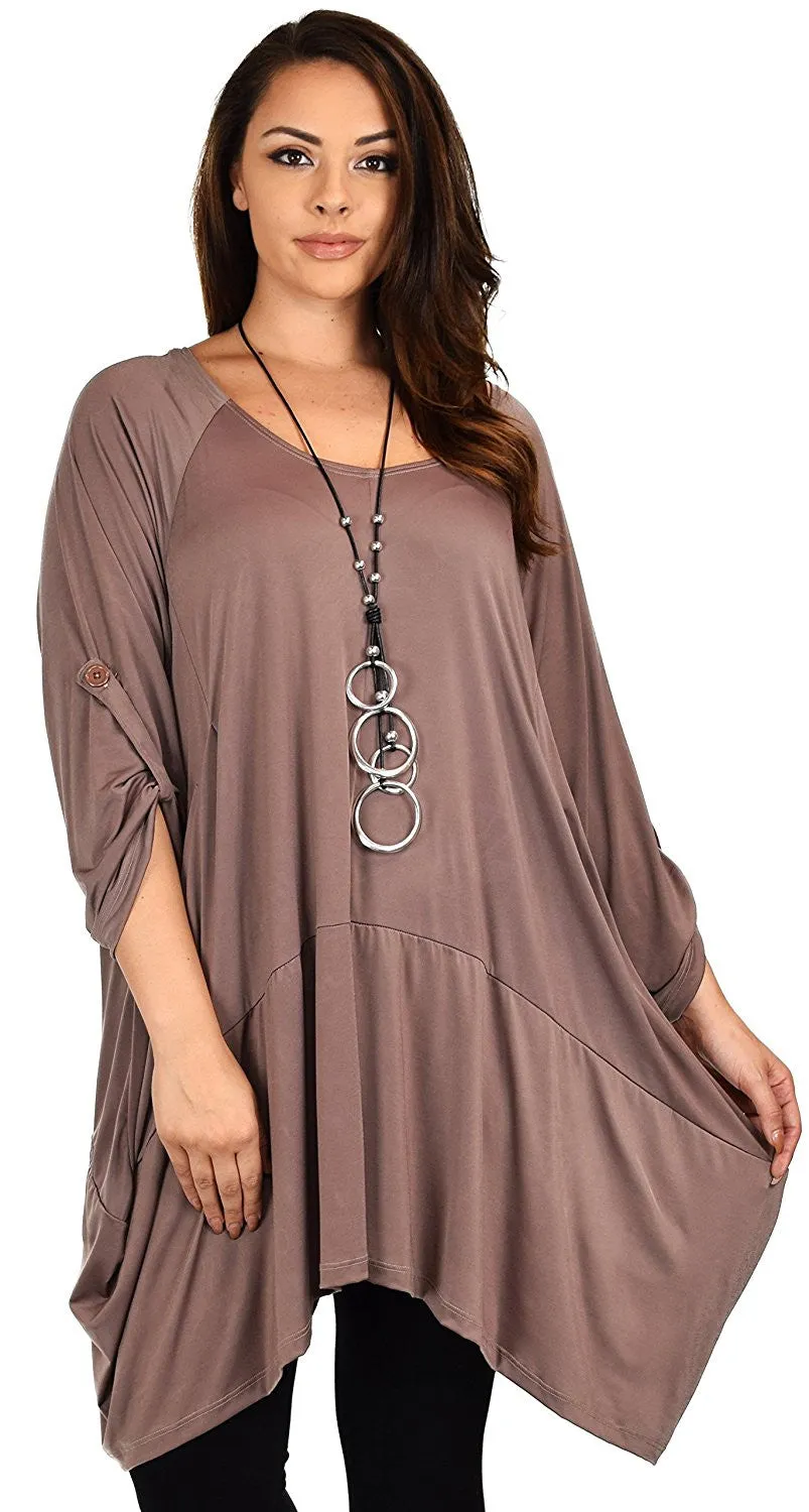 Asymmetrical Lagenlook Tunic, Fishtail Tunic , European inspired Tunic Top w/ Roll Up Sleeves Plus Size