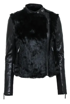 BCBG Max Azria - Black Leather & Rabbit Fur Moto-Style Jacket Sz S