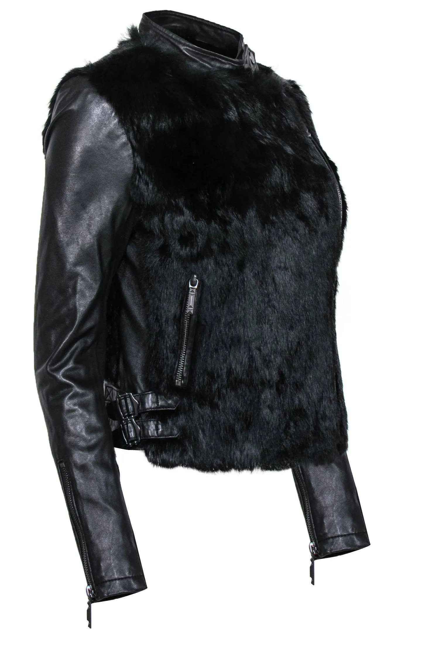 BCBG Max Azria - Black Leather & Rabbit Fur Moto-Style Jacket Sz S
