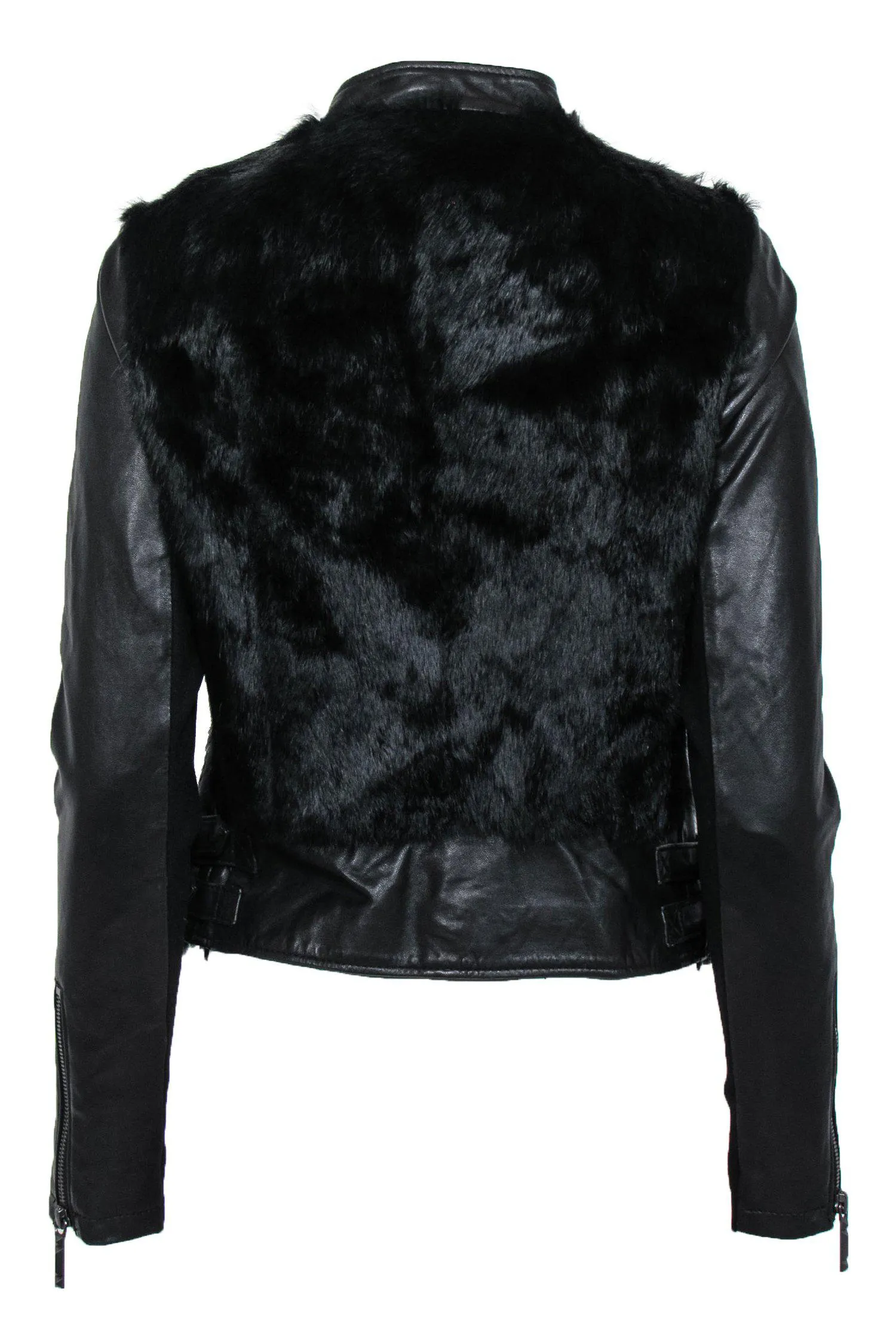 BCBG Max Azria - Black Leather & Rabbit Fur Moto-Style Jacket Sz S
