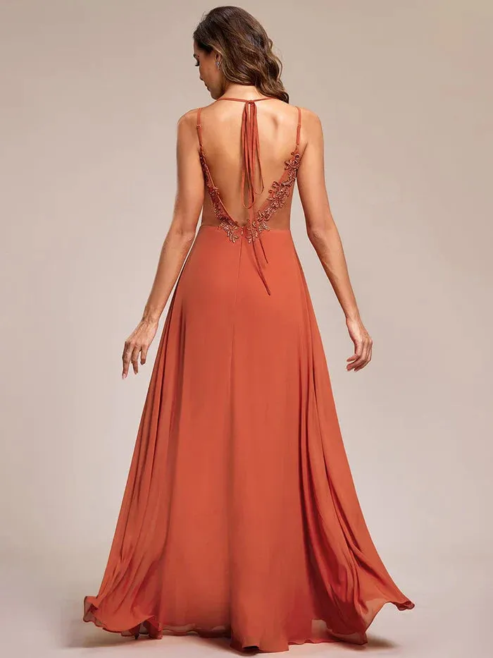 Convertible Chiffon Lace Open Back Spaghetti Straps Bridesmaid Dress