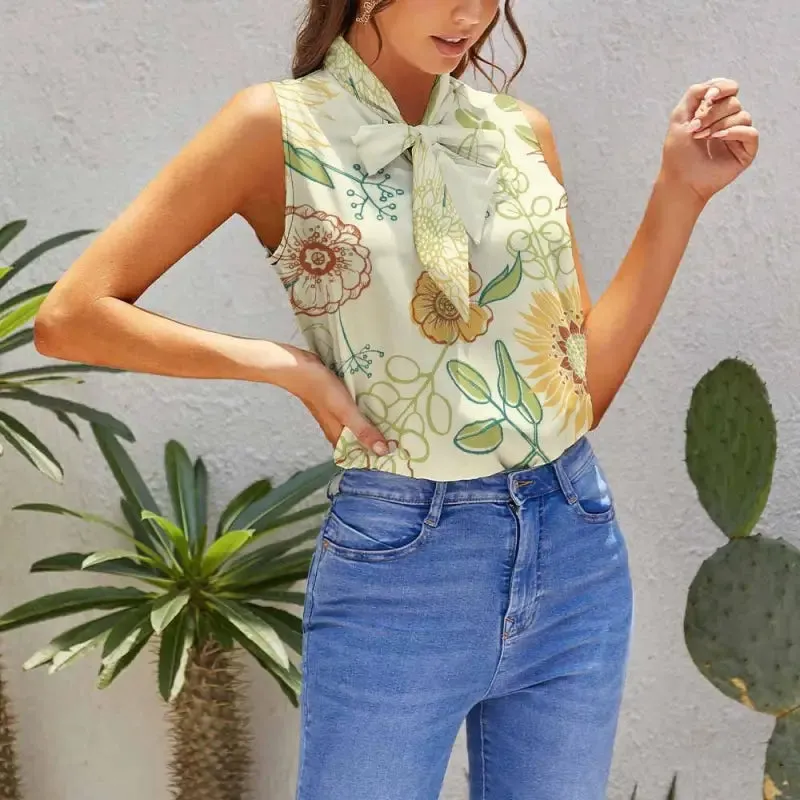 Get Your Sunshine Fix with This Yellow Floral Tie Neck Blouse