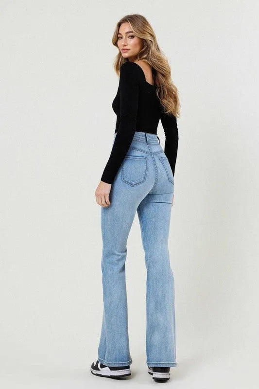 High Waisted Flare Jean in Light Stone