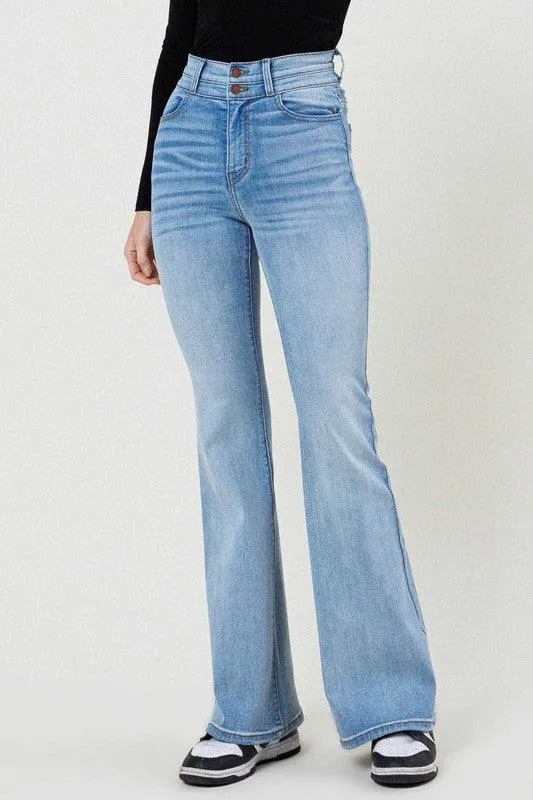 High Waisted Flare Jean in Light Stone