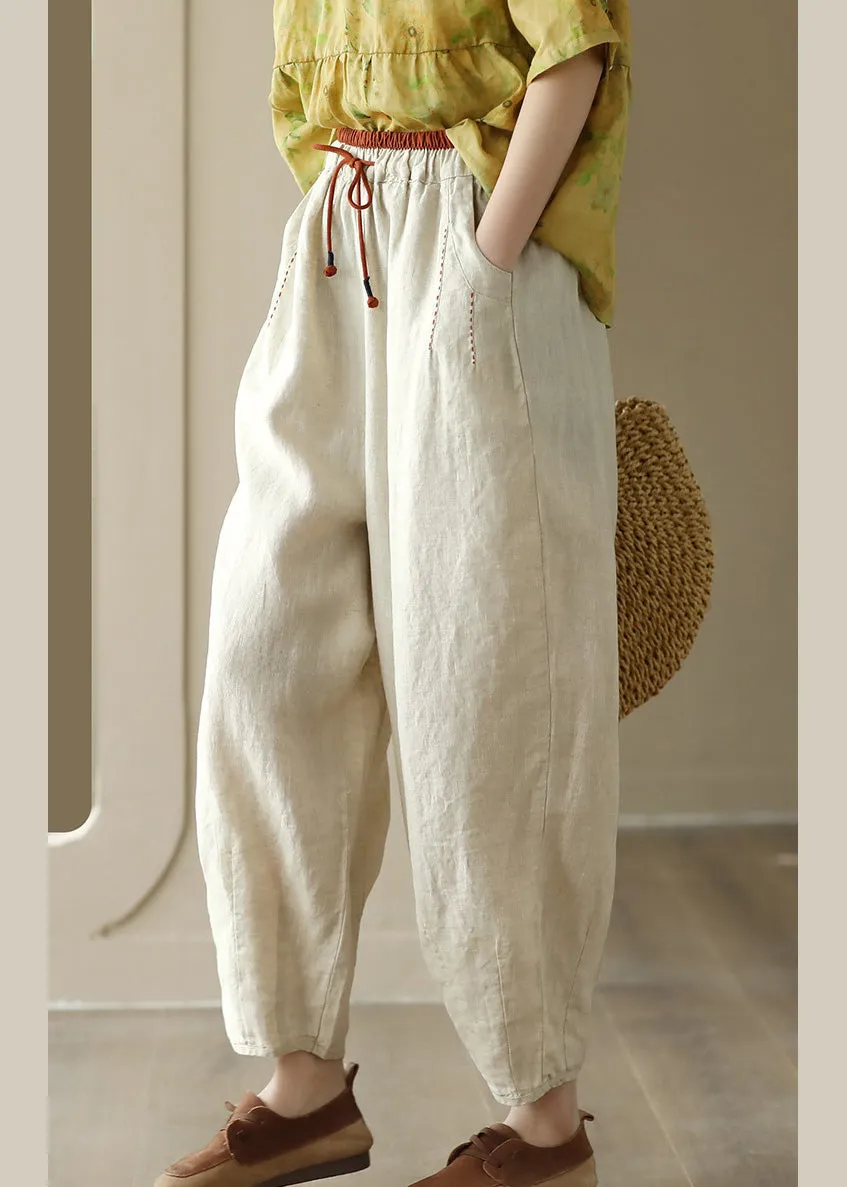 Linen Colour Elastic Waist Solid Linen Pants Summer LY6910