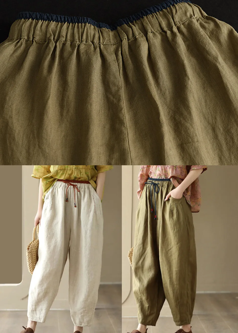 Linen Colour Elastic Waist Solid Linen Pants Summer LY6910