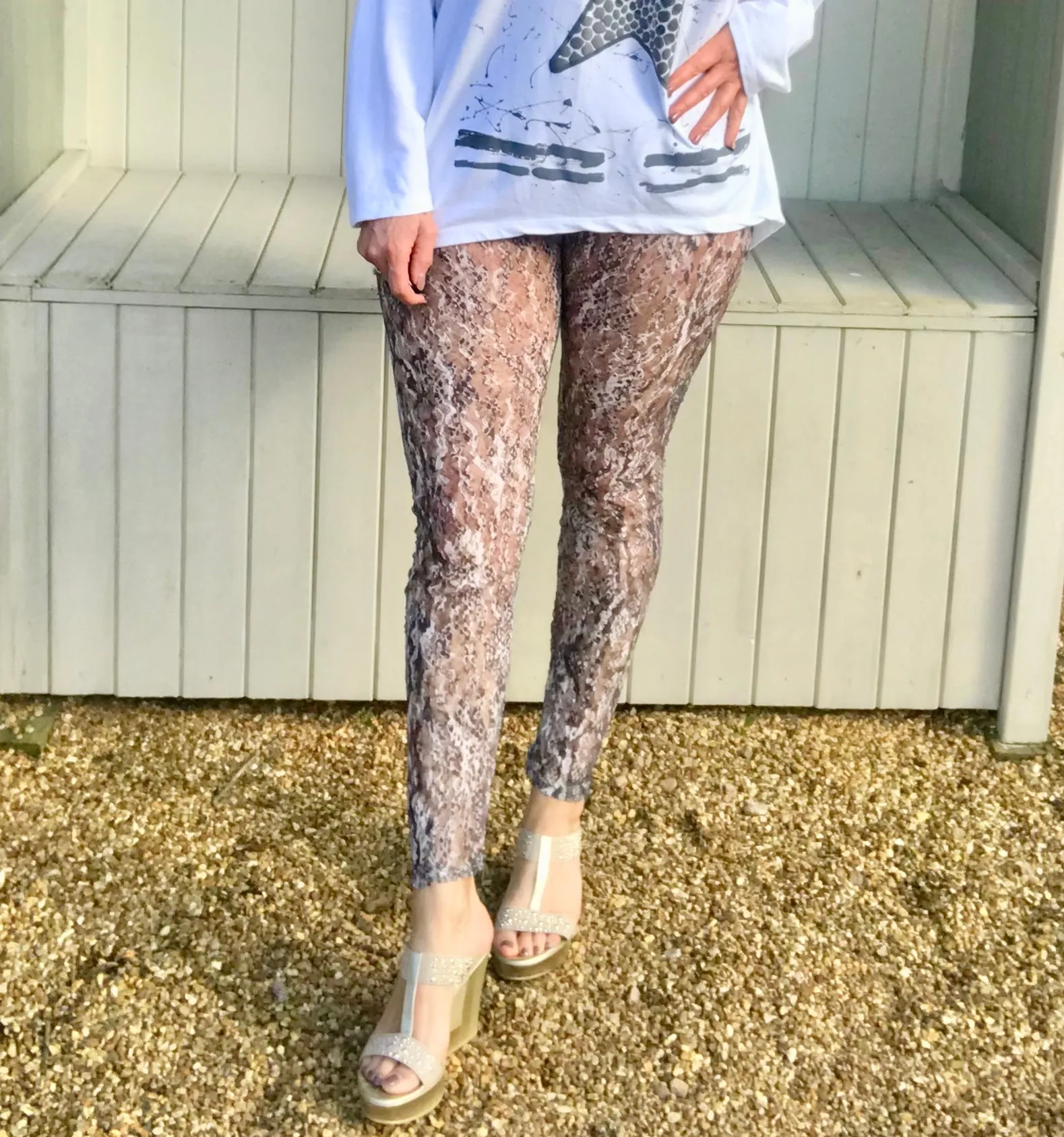 Luxury Lace Leggins in Pink and Grey by Feathers Of Italy One Size
