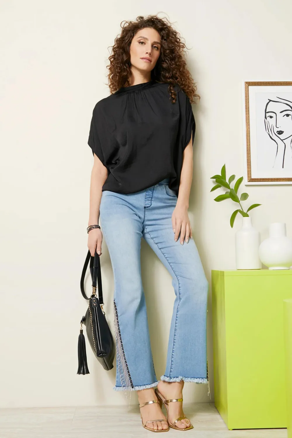 OMG Flare Jeans with Rhinestone Fringe - Light Denim
