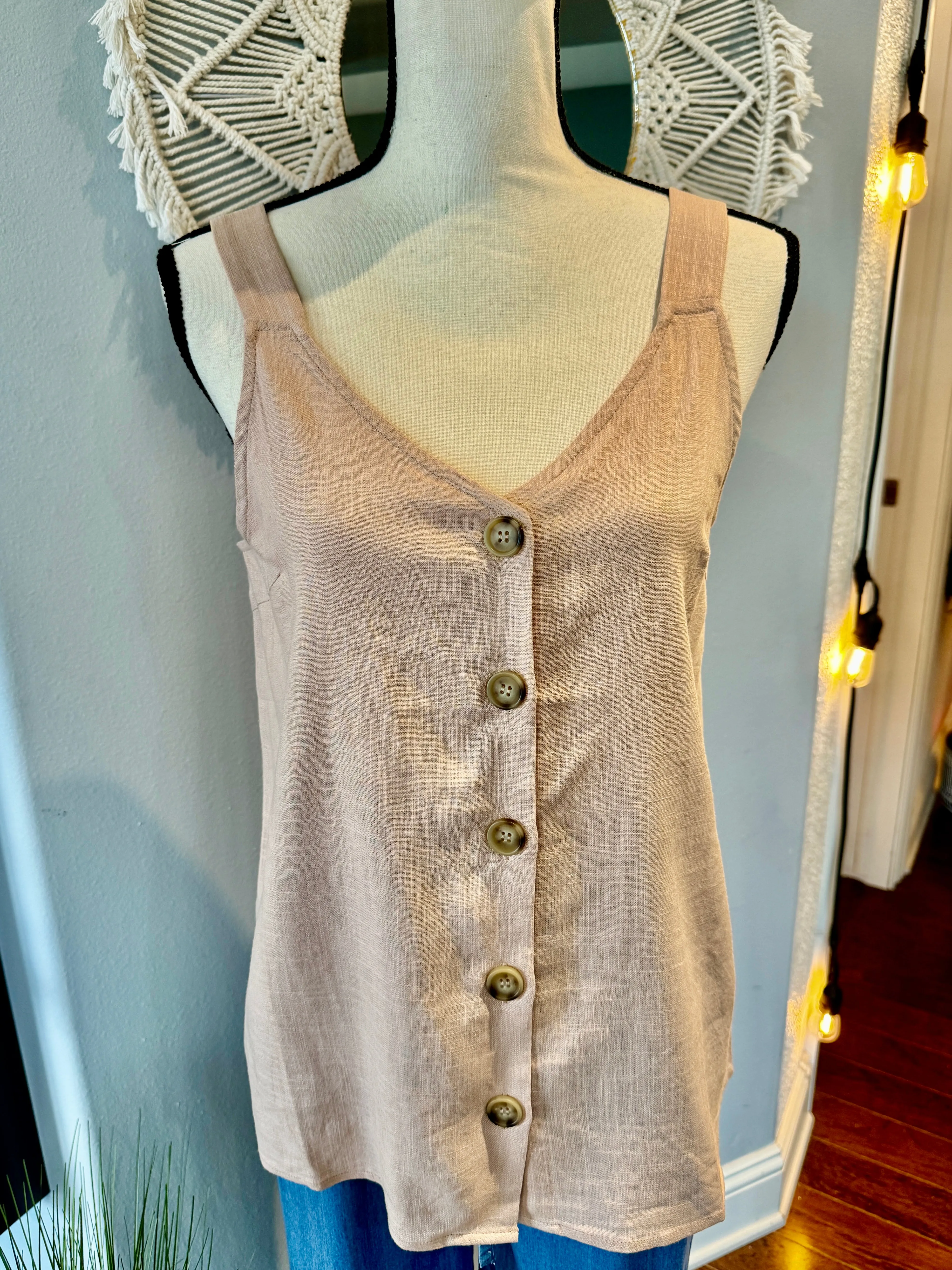 Soft Blush Linen Button Up Sleeveless Shirt