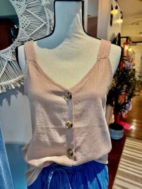 Soft Blush Linen Button Up Sleeveless Shirt