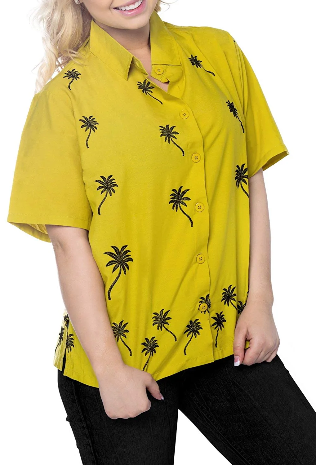 Women Hawaiian Shirt Casual Embroidery Blouses Workwear Short Sleeve Dress Top